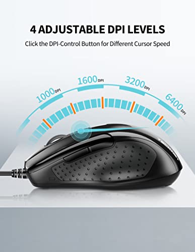 Image of TECKNET USB Wired Mouse, 6-Button Corded Computer Mouse with 4 Adjustable DPI, Optical Computer Mice with Ergonomic Design and 5FT Cord for Laptop, Chromebook, PC, Desktop, Mac, Notebook-Black
