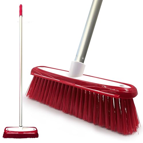 Colour-Coded Soft Broom Indoor Sweeping Broom with Stainless Steel Handle and Built-In Scraper, Sweeping Brush Indoor with Long Handle for Domestic and Commercial Use (Red)