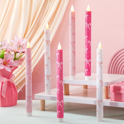 Image of Honoson 6 Pcs Pink Bow Flameless Candles 10.6 inch for Wedding Bridal Shower