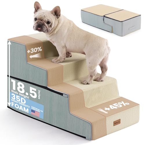 Gardner Pet Dog Stairs for Small Dogs 18.5" H, 4-Step Extra Wide Dog Steps for Bed, Pet Stairs for Bed and Couch with Durable Non-Slip Waterproof Fabric Cover and Soft Foam, Beige Beige 4 18