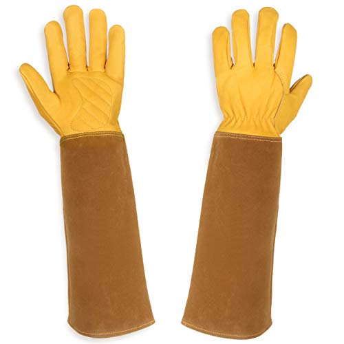 Preisvergleich Produktbild Lalafancy Rosen Gartenhandschuhe für Damen und Herren. Ziegenleder Arbeitshandschuhe Länge bis Ellbogen haben eine Lange Rindsleder Manschette zu Schützen für Ihre Arme