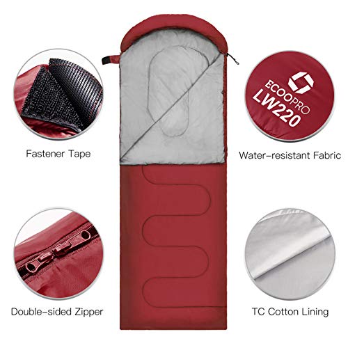 ECOOPRO Warm Weather Sleeping Bag - Portable, Waterproof, Compact Lightweight, Comfort with Compression Sack - Great for Outdoor Camping, Backpacking & Hiking-83 L x 30" W Fits Adults (G-Wine red)