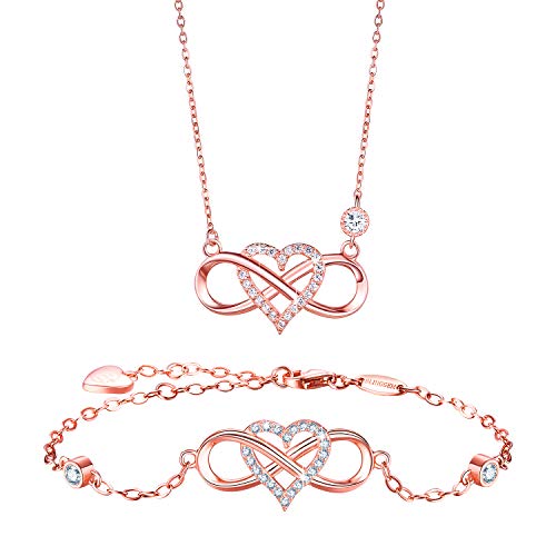 BlingGem Parures pour Femme en Or Rose Plaqué Argent 925/1000 avec Oxyde de Zirconium Rond Cœur Infini Amour Collier et Bracelet Cadeau pour la fête des mères Cover