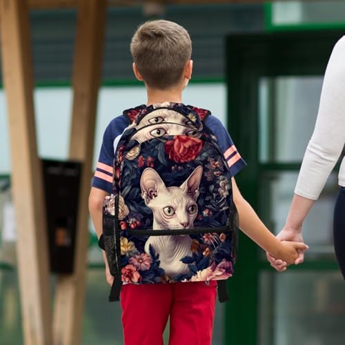 Ensemble sac à dos 2 pièces grande capacité avec motif chat et fleurs pour garçons et filles