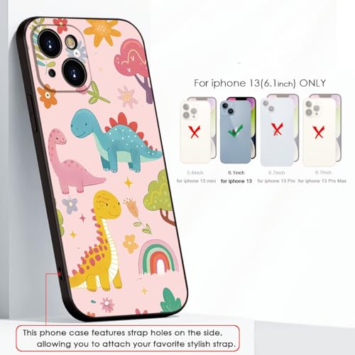 for iPhone 13 Case Dinosaur Cartoon Cute Pink Phone Case - 3 Colorful Dinosaurs with Flowers & Rainbow Design, Playful & Stylish Protective Cover for Girls & Women (B1-Cartoon Cute Dinosaurs)