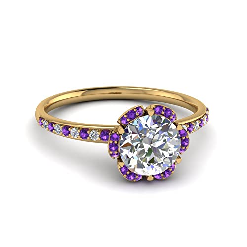 Image of 55Carat Choose Your Gemstone 6 Petal Ring Yellow Gold Plated Round Shape Halo Engagement Rings Well Shaped for Any Gift Giving Occassion Modern Style Enchating Women US Size 4 to 12