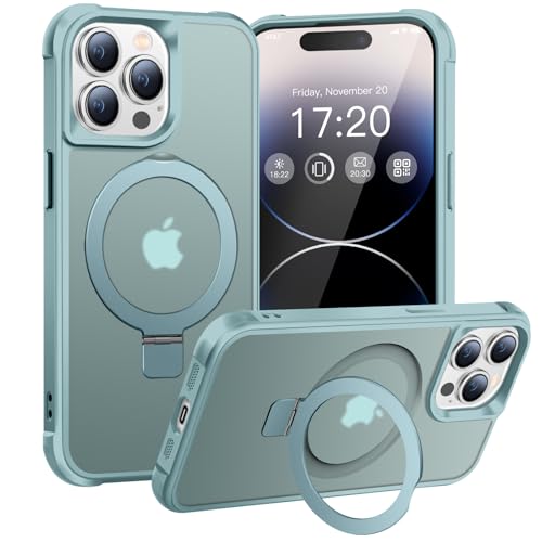 BENTIACC Magnetic Ring Stand Case for iPhone 14 Pro Max - 120 rotatable Stand N52 Magnet Non-Slip Matt Transparent Back Easy to Clean Shockproof Military Standard Drop Protection (Lake Blue)