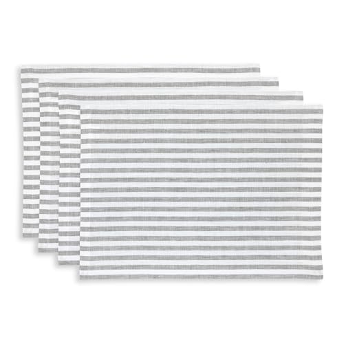 Image of Solino Home 100% Linen Placemats, 14 x 19 in, Grey, Amalfi Stripe, Set of 4 | protect and style the table setting, woven stripe, European flax fibres, mellows with every wash, soft, OEKO-TEX Certified