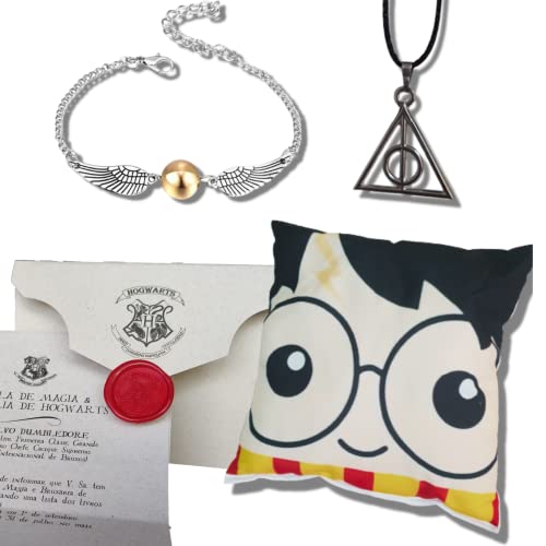 Kit Harry - Almofada, Pulseira Pomo de Ouro, Colar Relíquias da Morte & Carta Hogwarts - Linha Harry