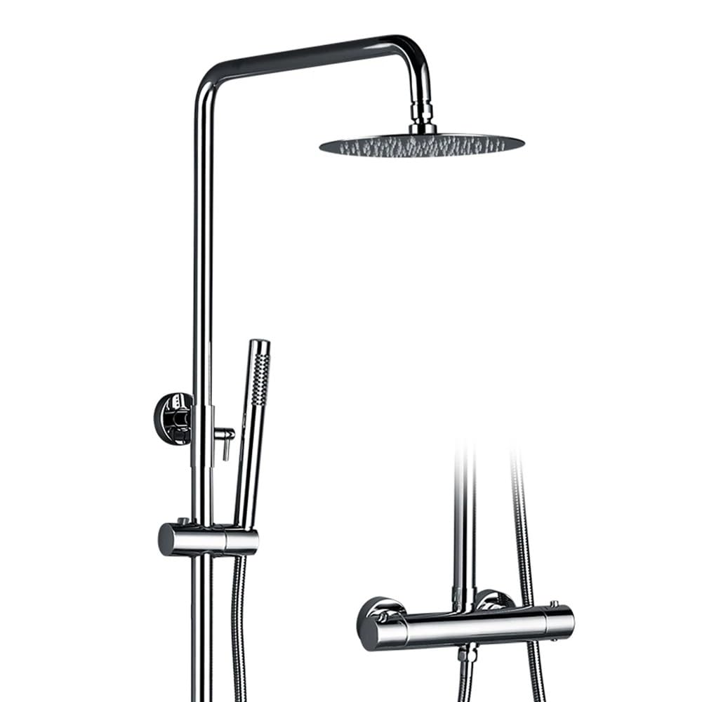 CWCQGH Thermostatic Shower Set Brushed Gold Faucet Brass Temperature Bathroom Mixer Tap Rain Head Wall-Mount Handheld Sprayer,Sprinkler,Silver-8Inch