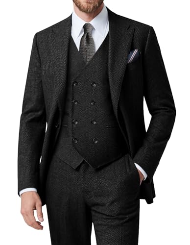 Vintage Tweed Herringbone Suits for Men 2 Button Slim Fit 3 Piece Formal Wool Suit Jacket Vest Pants Men Prom Dress Tuxedo
