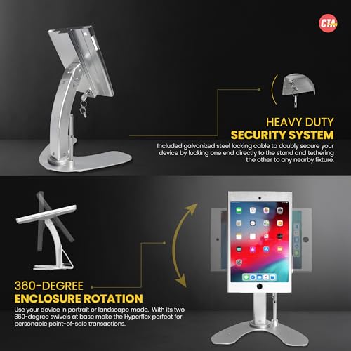 Image of Dual Kiosk Stand- CTA Aluminum Stand with Locking Case and Cable. 360-Degree Rotating Base. Enclosure Designed for iPad mini Generations 1-5 with Access to all Ports and Buttons, Silver (PAD-ASKM)