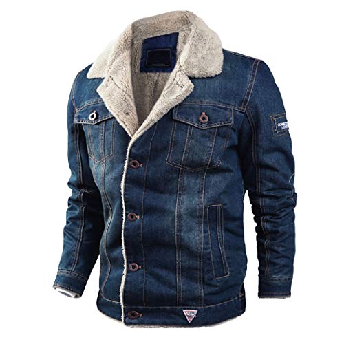 Modern Fantasy Men's Classic Fur Collar Button Denim Jacket Warm Sherpa Lined Jean Coats Khaki M