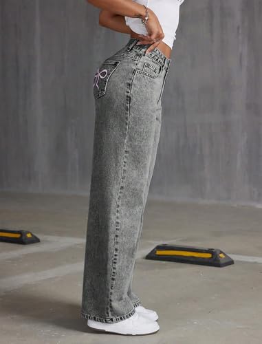 Girls Wide Leg Jeans Baggy Bow Embroidery High Elastic Waist Denim Pants Cute Y2K Trendy Tween Streetwear 8-13Y3