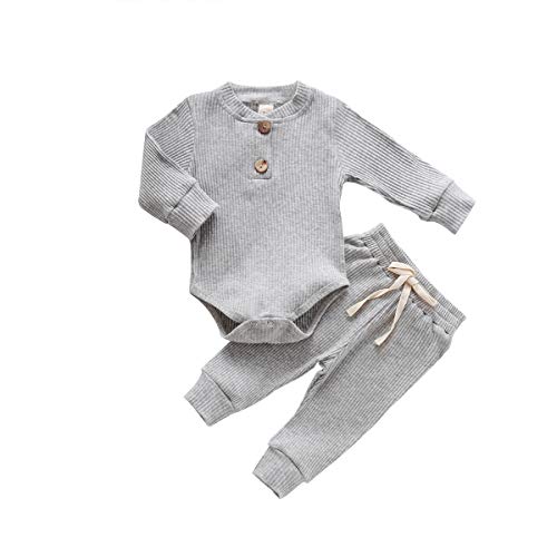 WangsCanis Neugeborene Unisex 2 Stück Baby Kleidung Junge Mädchen Solid Button Bodysuit Strampler Langarm Tops Kordelzug Hosen Strick Outfit (Grau,0-3 Monate)