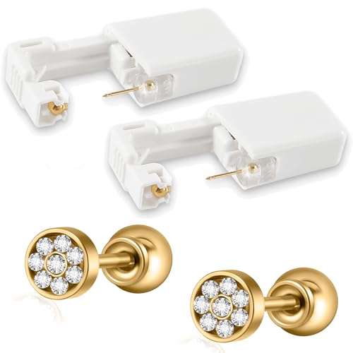 CHUANCI PAIR Disposable Sterile Ear Piercing Unit Ear Cartilage Tragus Helix Piercing Gun More Safety Piercer Tool Machine Choose Design (PAIR Gold 4mm Full Cz)