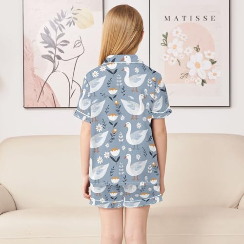 ALAZA Cute Duck Blossom Flower Pajamas Satin Pajama Set Short Sleeve Button Down Sleepwear4