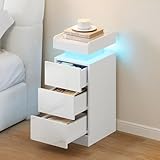 Dripex Nachttisch schmal, Beistelltisch mit LED-Beleuchtung, Nachttische mit 3 Schublade, erhöhtem Rand(Verhindert das Herunterfallen), RGB Farbwechsel, Dimmbar, für Schlafzimmer, Wohnzimmer, Weiß