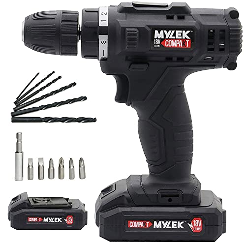Image of MYLEK 18V Cordless Drill with Two Batteries - Lithium Ion, UK Charger, 18V Combi Drill Driver Electric Screwdriver, DIY Accessory Kit, Black