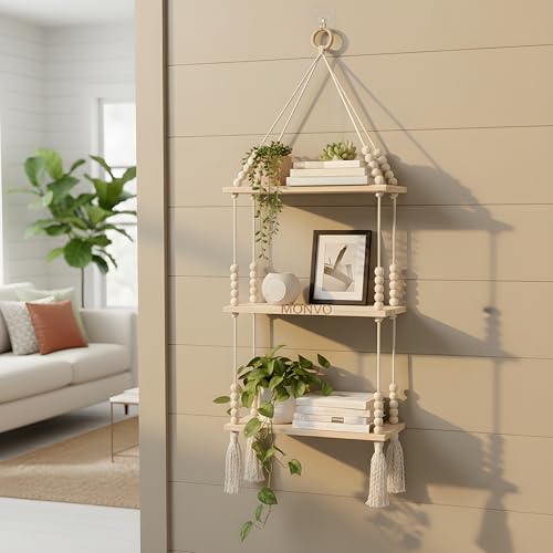 Image of 3-Tier Hanging Shelf with Wall Hook, Use Decor Plants, Books, Decorative Gift Items Nursery Livingroom Wooden Beads & Ring, Tassels Woven Bohemian