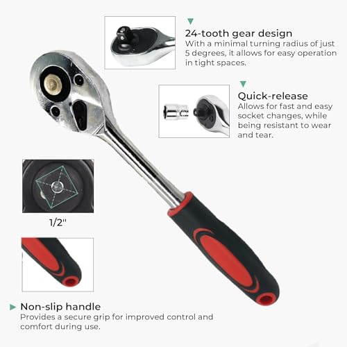 Image of Zaptec 32 Pcs 1 /2 Inch Mechanic Socket Set - Heavy Duty Ratchet Wrench Goti Pana Tool Kit with Carry Case for Car, Bike, Automotive & Home Repairs