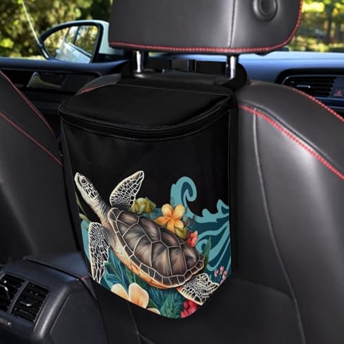 Image of Talayituse Turtle Plumeria Sea Wave Print Car Trash Can with Adjustable Straps, Zip Closure Car Trash Bag Bin Auto Garbage Bag Multipurpose Storage Box for Vehicle Travel Camping Picnicing