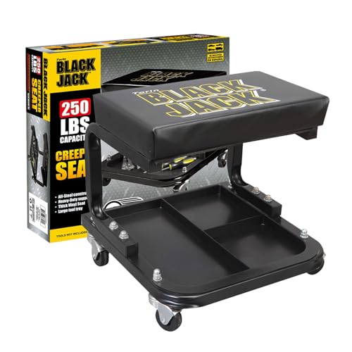 Torin TR6100W Blackjack Rollbrett für Garage/Ladensitz: gepolsterter Mechaniker-Hocker mit Werkzeugablage, schwarz