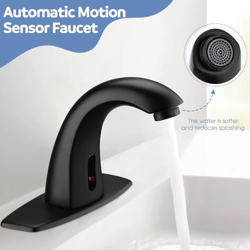 Image of Touchless Bathroom Sink Faucets, Automatic Motion Sensor Sink Faucet with Hole Cover Deck Plate, Commercial Sink Faucet for Bathroom (Black)
