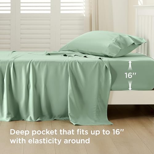 Image of Bedsure Cooling Sheets Twin, Rayon Derived from Bamboo, PureWoven, Breathable & Soft Twin Sheets Set, Deep Pocket Up to 16 Inches, Hotel Luxury Silky Bedding for Hot Sleepers, Sage Green