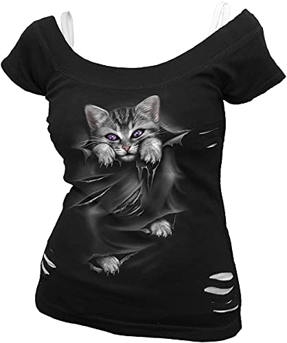 Spiral Direct Women's Bright Eyes - 2In1 White Ripped Top Black Regular Fit T - Shirt, Black (Black & White 008), 20 (Manufacturer Size:XL)
