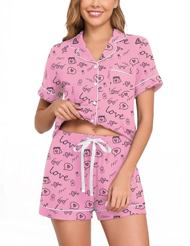 Image of Veseacky Womens Pajamas Set Short Sleeve Sleepwear Button Down Pjs Comfy 2 Pieces Soft Lounge Set S-XXL