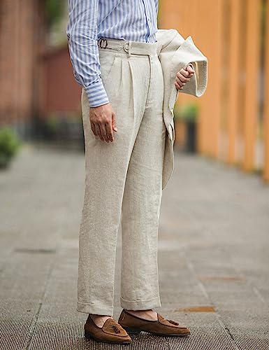 Snoly Men's Summer Retro Linen Lightweight Gurkha Tapered Leg Straight Flat Front Chino Pants Buckle Back4