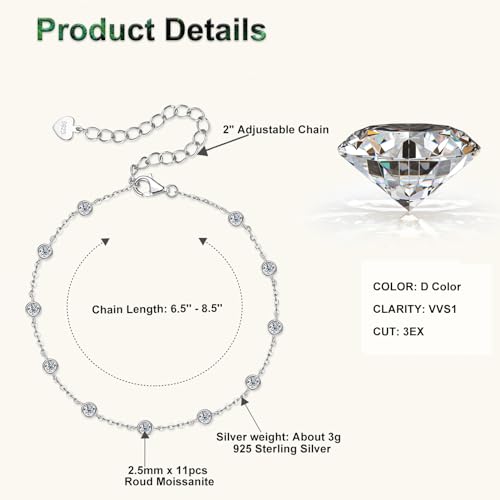 Bezel Moissanite Link Bracelet 0.66cttw D Color VVS1 925 Sterling Silver Adjustable Dainty Bracelets for Women Wife Birthday Jewelry Gifts3