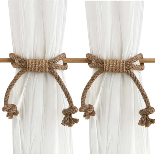 Curtain Tiebacks Rustic Holdbacks for Drapes(2 Pack) Farmhouse Curtain Holdbacks Jute Rope with Wood Club Natural Boho Chic Decor Drapery Holder
