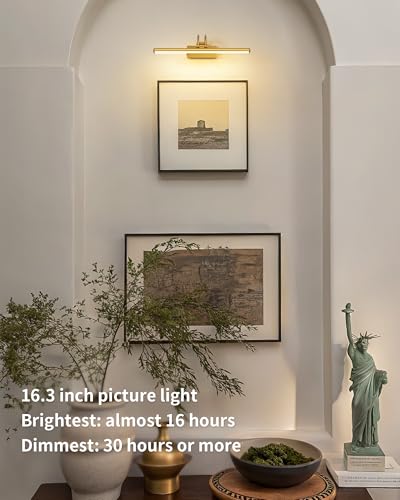 Image of KDG LED Cordless Wall Picture Lights Set of 2 with Remote, 5200mAh Rechargeable Dimmable Art Lighting, Adjustable Swing Arm, Picture Frame Light for Gallery, Living Room, Hallway, 16.3 inch, Gold