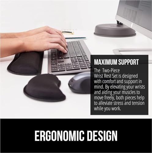 Image of Memory Foam Wrist Rest for Computer Keyboard, Mouse, Ergonomic Design for Typing Pain Relief, Desk Pads Support Hand and Arm, Mousepad Rests, Stain Resistant, 2 Piece Pad, Black