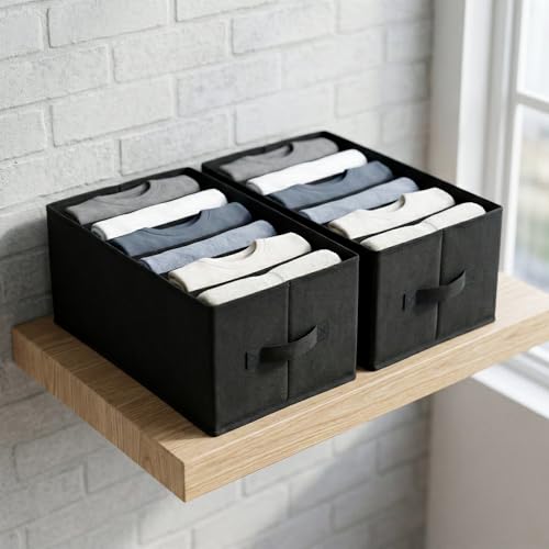 Image of Foldable Fabric Storage Bins with Handles - Collapsible Closet Organizer Boxes for Clothes, Jeans & T-Shirts - Stackable Shelf Drawer Organizers for Bedroom, Wardrobe & Home Storage (Black, Pack Of 2)