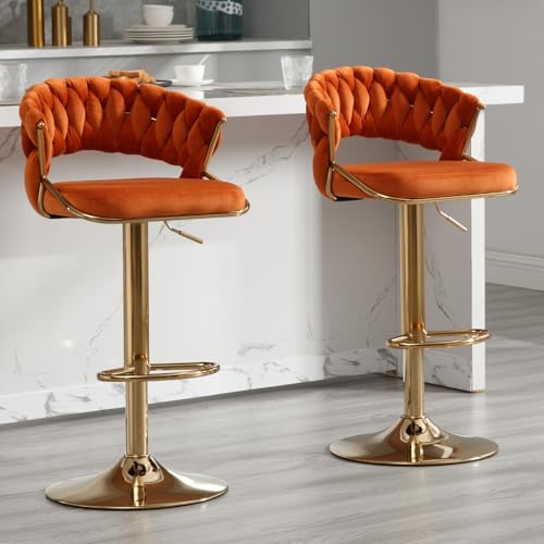 DUOMAY Woven Swivel Bar Stools Set of 2 - Modern Height Adjustable Bar Stools with Woven Backrest and Chrome Base - Velvet Kitchen Island Stoos Barstools for Kitchen Bar and Counter Orange