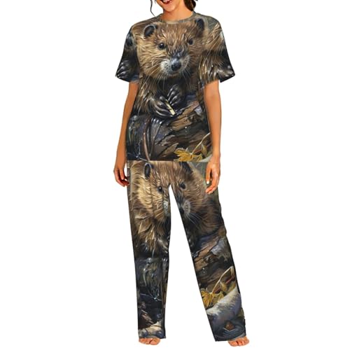 Pyjama court femme imprimé castor idéal pour vos soirées cocooning