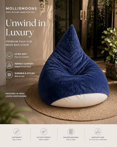 Image of Mollismoons Faux Fur Bean Bag Chair Cover for Adults & Kids | Luxury Lounger & Round Floor Sofa Seating | Modern Cozy Feel | No Beans Included (Navy Blue, Teardrop)