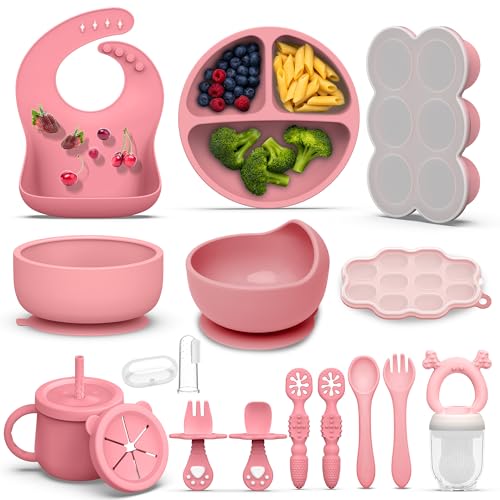 Image of 16 Pack Silicone Baby Feeding Set, BPA-Free Baby LED Weaning Supplies, Include Suction Plates, Baby Bowls, Silicone Fork & Spoon, and More, First Stage Baby Food Eating Utensils - 6+ Months(Pink, 16)