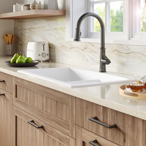 Karran QT-670 Drop-In 33\" 50/50 Double Bowl Quartz Composite Kitchen Sink with Low Divide – Top Mount, Rear Drains, Curved Back Edge, Sound Dampening, Heat & Scratch Resistant, Black - Thumbnail 2
