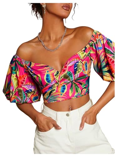 SweatyRocks Women's Off Shoulder Vacation Tops Boho Tropical Print Bishop Short Sleeve Crop Blouses