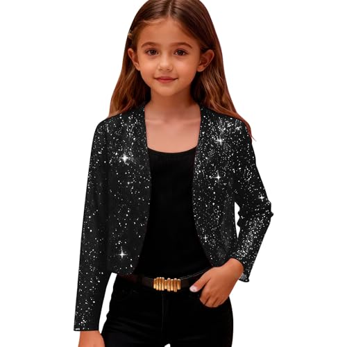nhApmj Black Sequin Jacket Girls Sparkly Cropped Open Front Long Sleeve Shrug Kids Fall Fashion Party Glitter Blazer Cardigan Tops