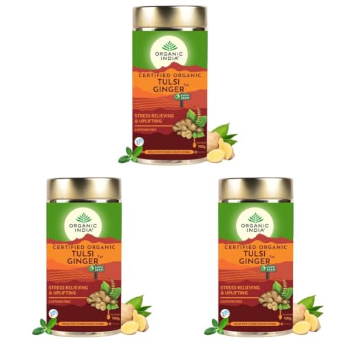 Image of A TATA Product - Organic India Tulsi Ginger Tea - 100g, Rich in Antioxidants, Supports Digestion, Stress Relieving, Helps Boost Metabolism, Caffeine-Free, Whole Herbs (Pack of 3)