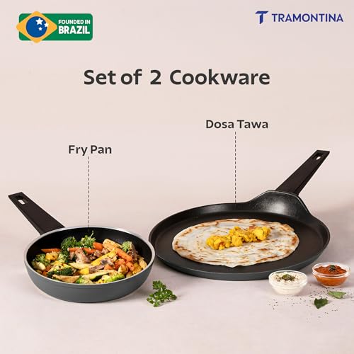 Image of TRAMONTINA Chroma Cookware Set of 2 - Fry Pan 20 cm & Dosa Tawa 28 cm | Ceramic Reinforced Cookware | Cold Forged | Bakelite Handle | All Cooktop Compatible | Dishwasher Safe Grey