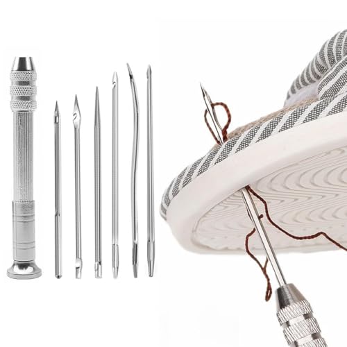 Image of DRAWBRIDGE 7Pcs Leather Sewing Awl Needle Set, Shoe Repair Tool Kit, DIY Handmade, Includes 6 Needles (Slender, Medium, Robust), 1 Metal Awl Shaft, Handle, Box Container