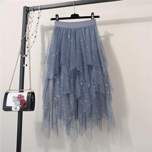 Tulle Midi Skirts for Women 2025 Summer Elastic High Waisted Sequin Asymmetrical Ruffle Tiered Skirt2