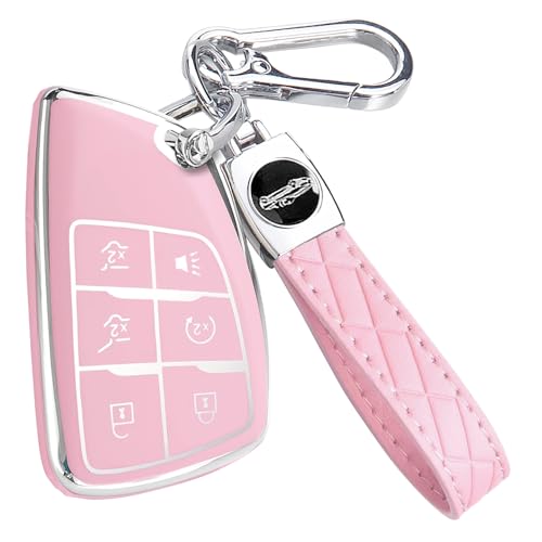 Cacacar Key Fob Cover for Chevy GMC with Keychain Tahoe Suburban Equinox Traverse Yukon Denali Terrain Buick Envision Premium Soft TPU Case (6 Buttons Pink)