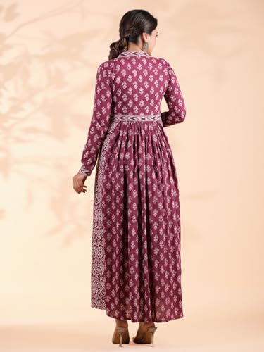 Image of Vbuyz Women's Floral Print Anarkali Cotton Aqua Blue Stitched Kurta | Anarkali Kurti for Women | Kurta for Women